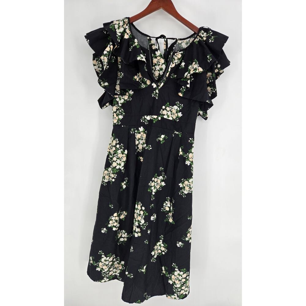 Aerie Offline Black Floral Ruffle Sleeve Midi Dress 100% Cotton Women's S